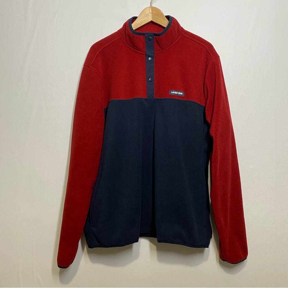 Lands’ End Snap Fleece Pullover Red Navy Colorblock Men’s XL Comfy Casual - Picture 1 of 8